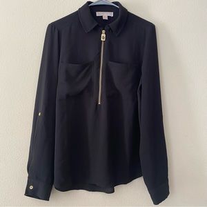 Michael Kors Gold Metal Zip V-Neck Chest Pocket Long Slv Blouse